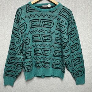 VTG 90s City Streets Mens Medium Teal Black Geometric Knit Sweater Made in USA